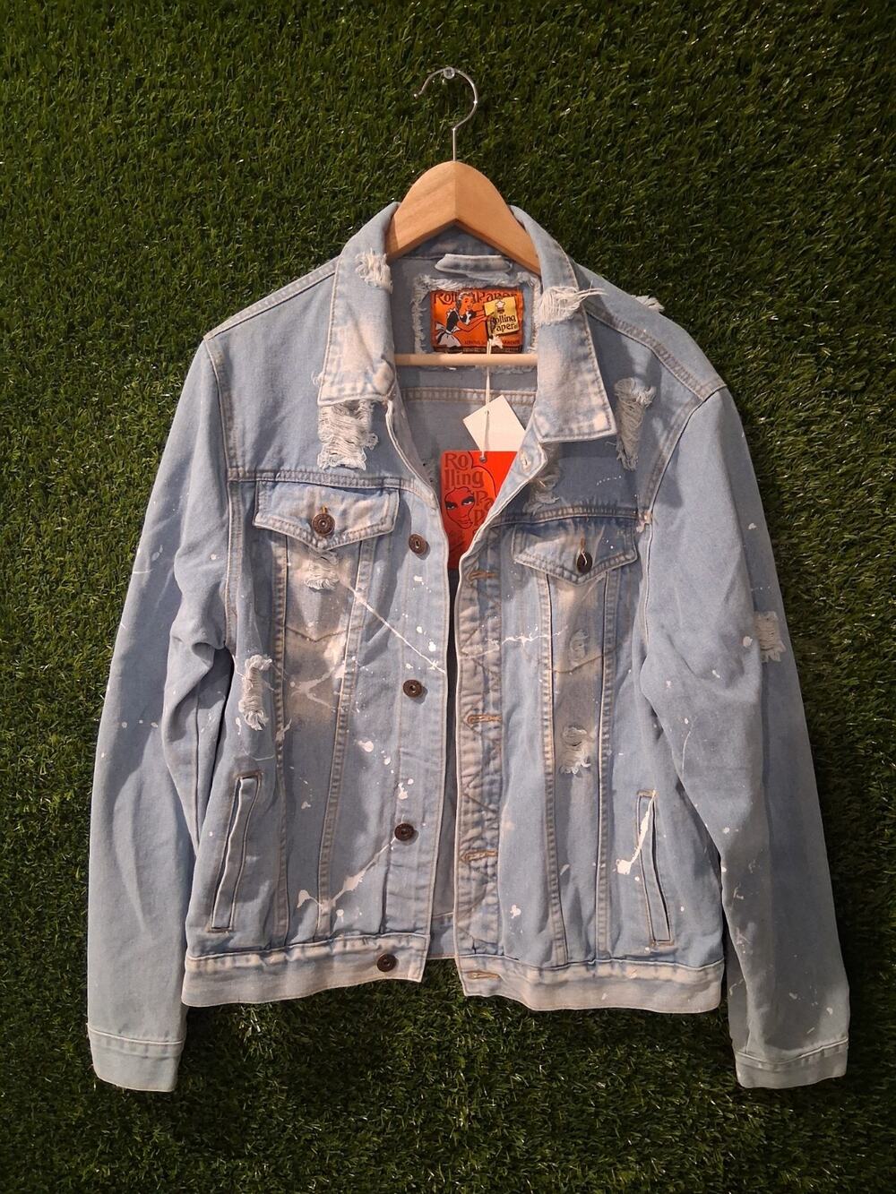 Rolling Paper Distressed Denim Jacket Mens Medium Paint Splatter Light Wash Jean